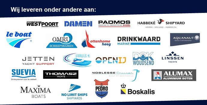 Een zakelijke banner met een donkerblauwe koptekst waarin in witte letters staat: "Wij leveren onder andere aan:". Daaronder toont een raster op een witte achtergrond de logo's van diverse partnerbedrijven, voornamelijk uit de maritieme sector, botenbouw en scheepvaart, waaronder Damen, Boskalis, Westpoort, le boat en Linssen Yachts.